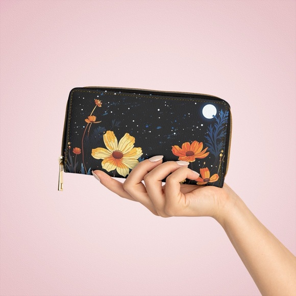 Midnight Flowers Zipper Wallet | Full Moon Nighttime Spring Flowers | Premium - Picture 4 of 6